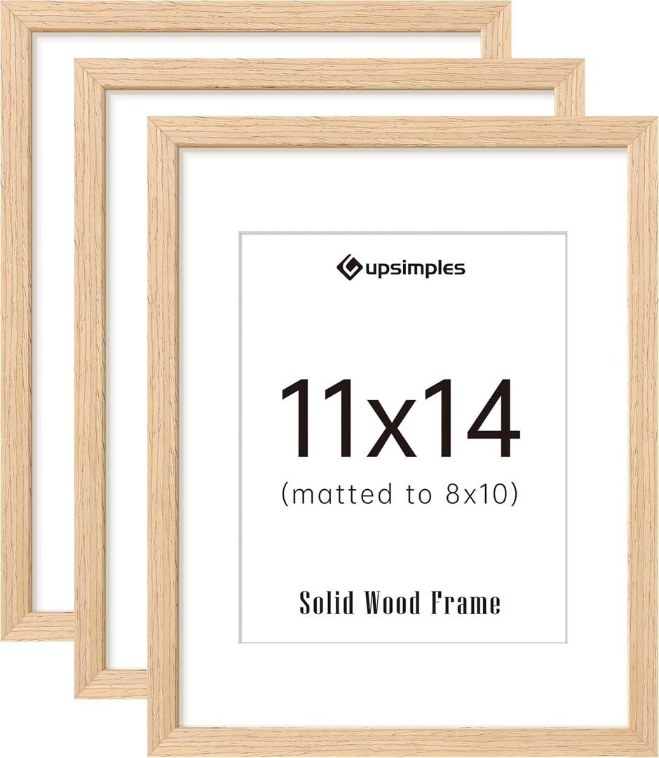 upsimples 11x14 Picture Frame Set of 3, Natural Solid Wooden Picture Frames, Display 8x10 with Mat or 11 x 14 Without for Vertical or Horizontal Wall Hanging