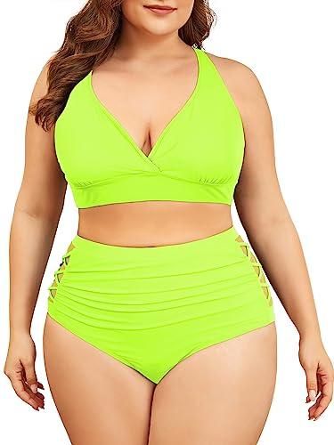 Womens Plus Size Swimsuit Two Piece Tummy Control Bathing Suits High Waisted Plus Size Bikini Swimwear Neon Yellow 18 Plus