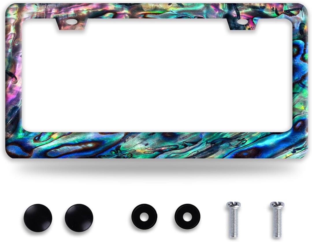 Faux Abalone Shell License Plate Frame Iridescent Seashell License Plate Holder Funny Stainless Steel Accessories Cars Decor with 2 Holes and Screws Fits Standard Us Ca Vehicles 12.2 X 6 Inch