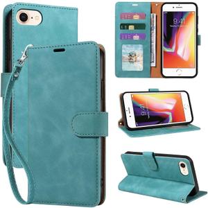for iPhone SE 2020/2022 Case Wallet, for iPhone 6/6S/7/8 Case, [RFID Blocking 3 Card Slots] 2025 Soft PU Leather Phone Cover, Wrist Strap, Shockproof Protective, Stand Flip (Green)