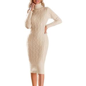 Fangetey Womens Long Sleeve Turtleneck Sweater Dresses Knitted Bodycon Midi Sheath Jumper Dresses, S