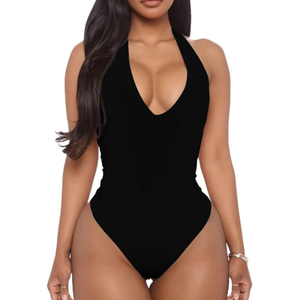 Women's Sexy Sleeveless Halter V Neck Backless Leotard Bodysuit Tops, S