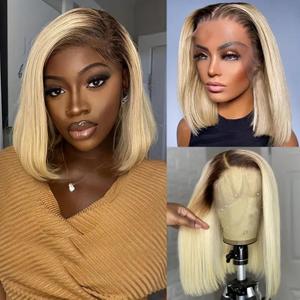 Upgrade-Ombre Bob Wig Human Hair for Black Women 13x6 HD Lace Frontal Wigs Pre Plucked 180% Density Full Ends 1B613 Ombre Blonde Bob Human Hair Wig Bleached Knots Invisible HD Lace Frontal Wigs 12"