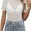 Women's Mesh Lace Top Sheer Short Sleeve T Shirt Mock Neck Summer Blouses (White, S)