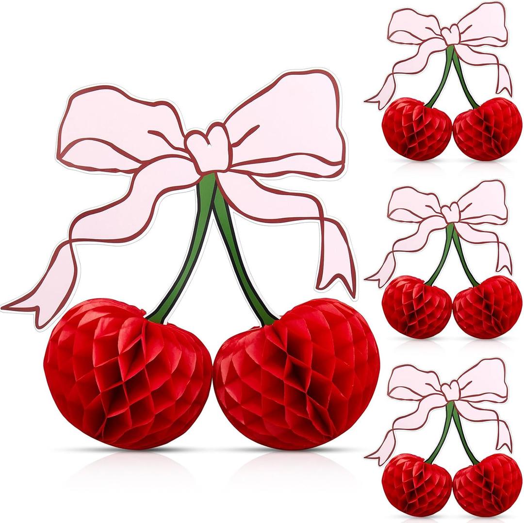 4 Pcs 3D Red Cherry Bow Honeycomb Birthday Party Decorations 12 Inch Large Cherry Centerpiece Table Party Decorations for Wedding Home Baby Shower
