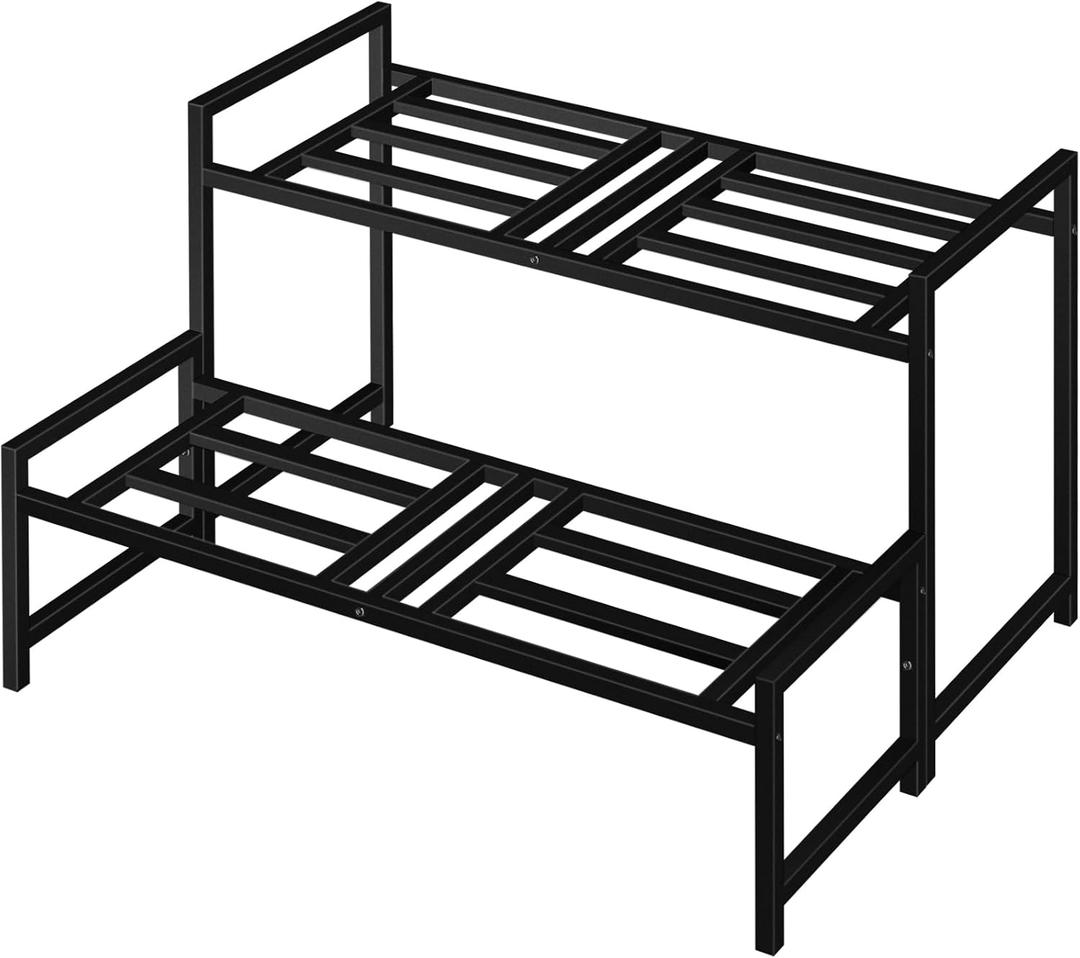 Lilybud--lily Plant Stand Indoor Outdoor, 2-Tier Wrought Iron Plant Stands, Stackable Metal Plant Shelf Decorative Outdoor Flower Stand Heavy Duty Pedestal Stands for Garden Deck Living Room, Black