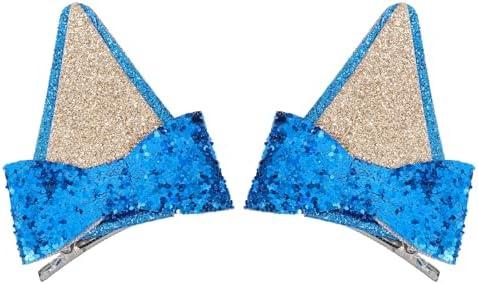 1 Pair Blue Cat Ears Hair Clips, Glitter Ear Decorations with Bow, Blue Cat Ear Hair Clip Accessories, Party Favors Outfits for Decorations Halloween Costume Cosplay Accessories, 6 Pack