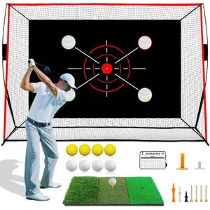 Golf Net, 10x7FT with Golf Practice Mat, Hitting Aid Net with Multi Targets Training for Backyard Driving Chipping Indoor Outdoor Use, 5-Ply Anti-Tear Netting & Carry Bag, Gifts for Men Dad Him Golfer