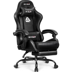 N-GEN GAMING Video Gaming Chair with Footrest Lumbar Support for Home Office High Back Recliner Height Adjustable Ergonomic Comfy Leather Computer Desk Chair (Black)