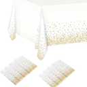 8 Pack White and Gold Polka Dot Disposable Plastic Tablecloths 54x108 Inch Rectangle for 6 Foot Tables, Waterproof Party Table Covers for Wedding Birthday