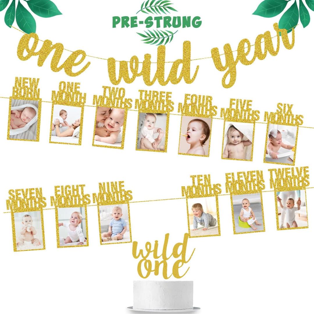 Wild One Glitter One Year Banner + Baby 1st Birthday Photo Banner - Safari & Jungle Themed Decorations