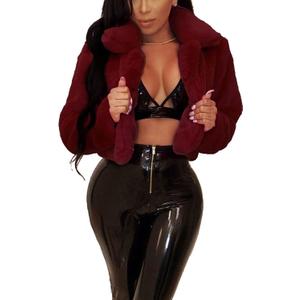 RAMOUG Womens Winter Outerwear Faux Fur Long Sleeve Crop Jacket Shaggy Coat Open Front Cardigans (Small, Wine Red)