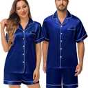 DIKFA Matching Silk Satin Pajamas Set for Couple Short Sleeve Sleepwear for Women&Men 2pcs Pjs Set Button-Down Nightwear Set, One Size
