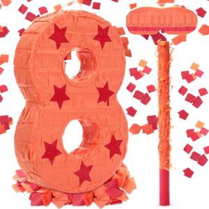 RoundFunny Number 8 Piata Anime Theme Birthday Party Supplies 13.7'' Number Piata Blindfold Stick Confetti Orange and Red Color Star Print Decor for Boys Girls Birthday Party Favor