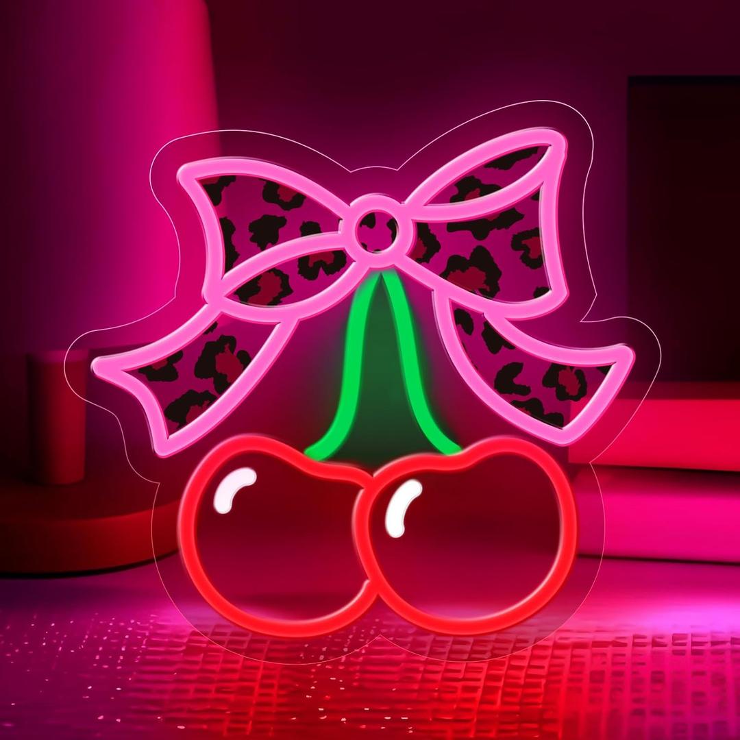 Cherry Bow Neon Sign for Wall Decor,Dimmable Cute Fruits Cherry Neon Light,Leopard Print Bow Light Up Signs for Girls Women Bedroom Party Bar Background Valentine's Day Decorations Gifts