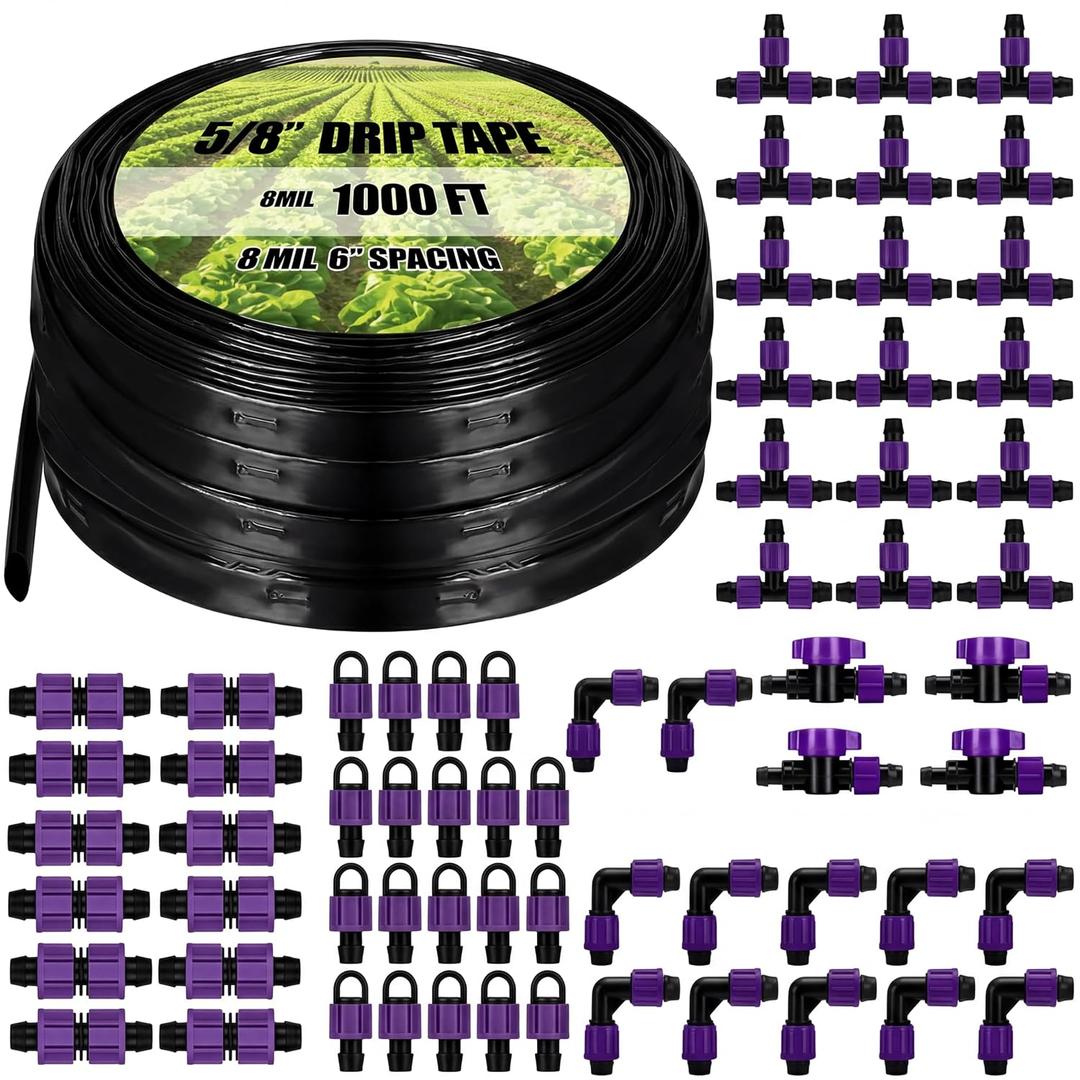 Tondiamo 1000' 5/8 Inch Drip Tape Irrigation Tubing Kit 8 Mil 6" Spacing Garden Hose Watering Tube Line Automatic Equipment for Garden Irrigation System Farms, Landscape, Lawn
