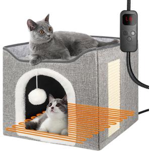 Heated Cat Bed for Indoor Cats, Foldable Cat House with Removable Heating Pad for Cats Small Dog Covered Cat Bed Cave Kitty Hideaway with with Scratch Pad, All Season Use