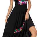 Women's Summer Maxi Dress Casual Floral Embroidered Round Neck Short Sleeve Ruffle Tiered Dress Flowy Boho Beach Sundress (Black, S)