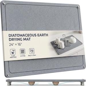 Large Diatomaceous Earth Stone Dish Drying Mats for Kitchen Counter,24"16",Quick Drying,with 4 Non-Slip Stainless Steel Feet, Suitable for Various Countertops, Bowl Racks, Medium Gray