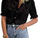 PRETTYGARDEN Womens 2025 Spring Lace Tops Short Puff Sleeve Casual Dressy Blouses Eyelet Crew Neck Button Down Shirts L