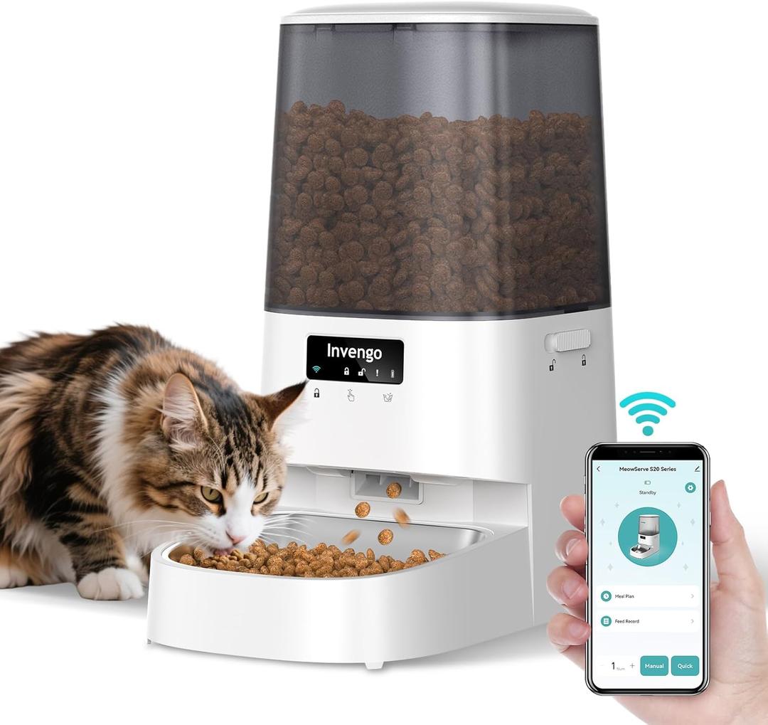 Automatic Cat Feeder with App Control, 5L Food Dispenser for Cats and Small Dogs, 2.4/5G Wi-Fi, Programmable Portions, Anti-Jam & Fresh-Lock, Stainless Steel Bowl, Easy to Clean (White)
