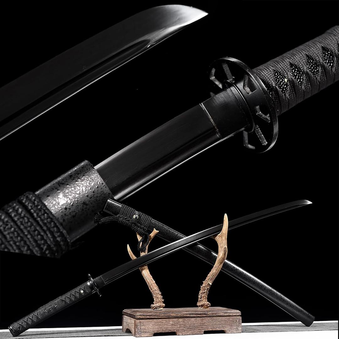 41 in All Black Japanese Samurai Katana Sword Functional Damascus Folded Steel