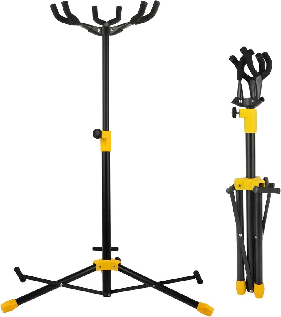 Triple Guitar Stand, Adjustable Folding Multiple Guitar Stands with Neck Holder Floor Stand Universal for Acoustic Electric Guitars Bass Banjos, Tripod Guitar Stands Holds 3 Guitars Together