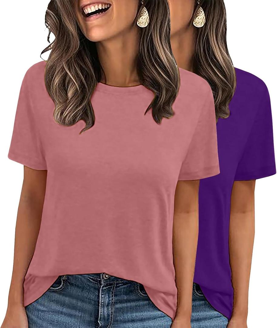 LOOKFACE 2 Pack Womens Basic T Shirts Summer Tops 2026 Short Sleeve Tees Comfy Casual Vacation Clothes Purple Mauve Large
