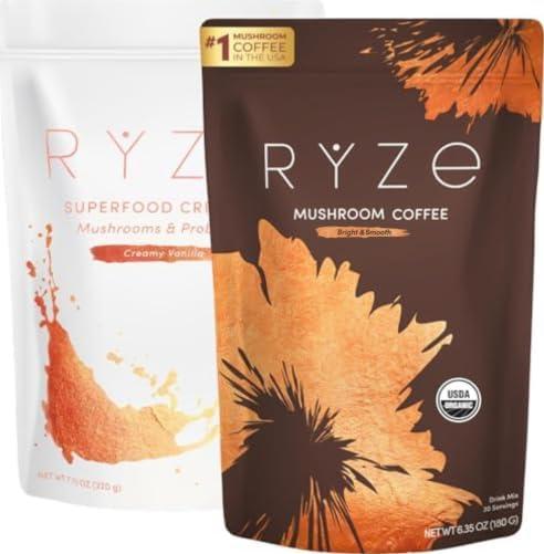 RYZE SUPERFOODS RYZE n Shine Bundle, USDA Organic Mushroom Medium Roast Coffee + Probiotic Coffee Creamer with 6 Adaptogenic Mushrooms for Better Energy, Focus, Digestion, Immunity, 30 + 30 Servings