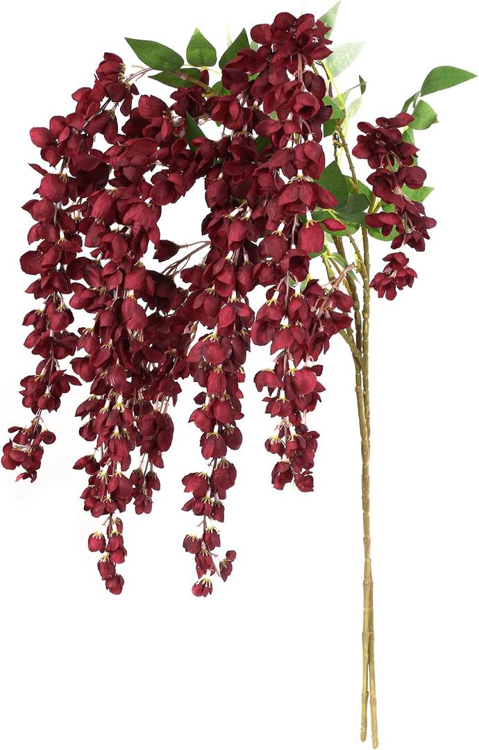 2Pcs Wisteria Artificial Flowers Branches 43In Fake Wisteria Floral Hanging Plant for Party Floor Vase Balcony Wedding Floral Arrangement Decoration (Red)