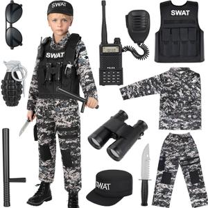 Swat Police Officer Costume for Kids, Police Costume for Kids with SWAT Costume, SWAT Vest, Halloween Costume for Boys, Role Play Kit for Boys Girls (Large-(8-10 Year)