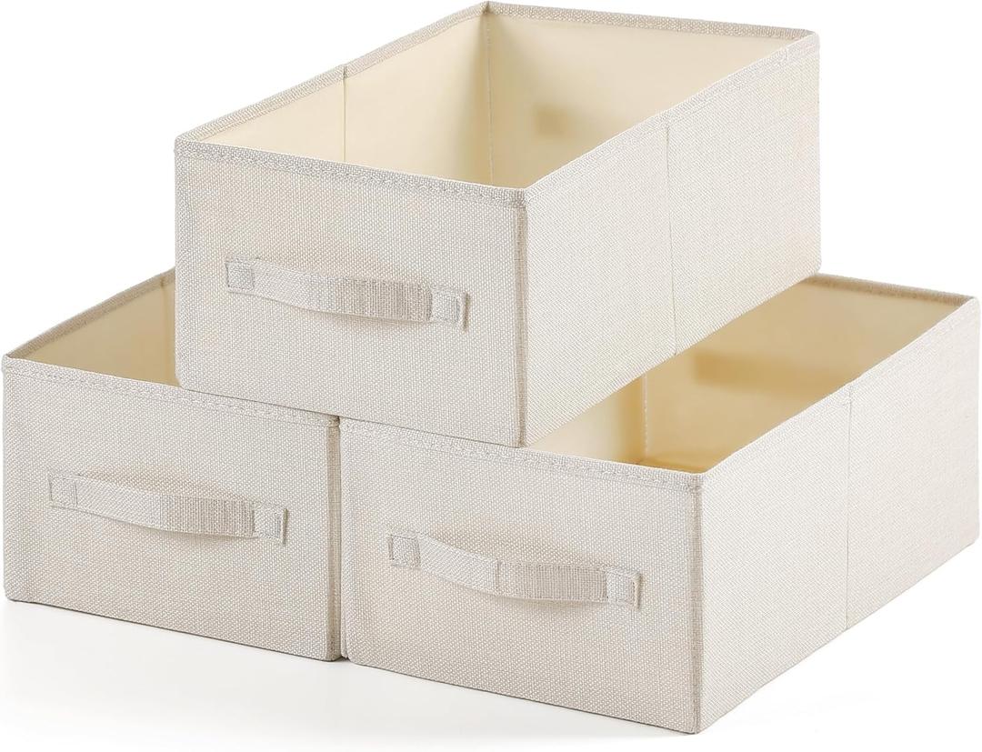 Linen Folding Storage Bins, 3 Pack Large Storage Baskets, Washable, Clothing Storage Bins with Handle, Closet Organizer for Storage Sweater, Sheets (Beige, 16"x9"x6")