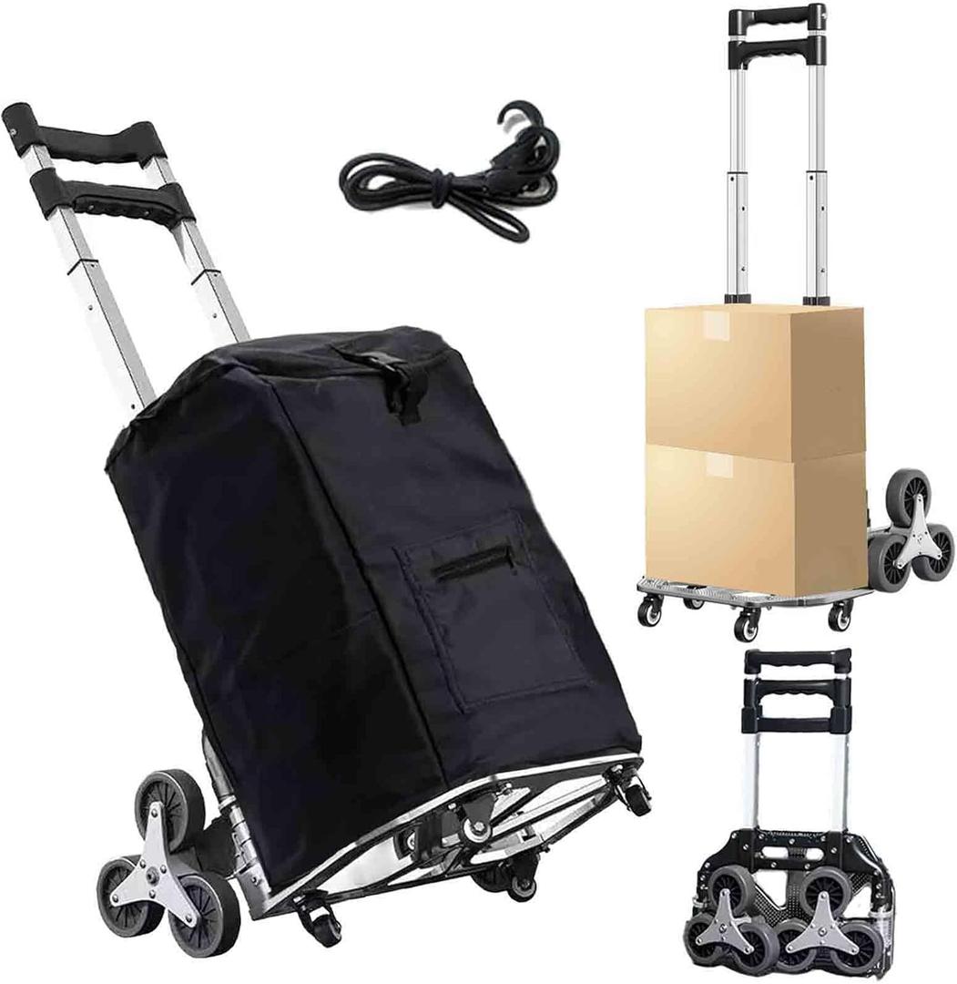 Stair Climbing Dolly, 330LB Capacity Collapsible Stair Climbing Cart, Folding Shopping Cart of Adjustable Handle Height, Hand Truck for Stairs with Swivel Wheels and Bungee Cord, for Shopping, Moving (Black)