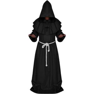 LHJ Friar Medieval Hooded Monk Renaissance Priest Robe Costume Cosplay (Medium, Black)