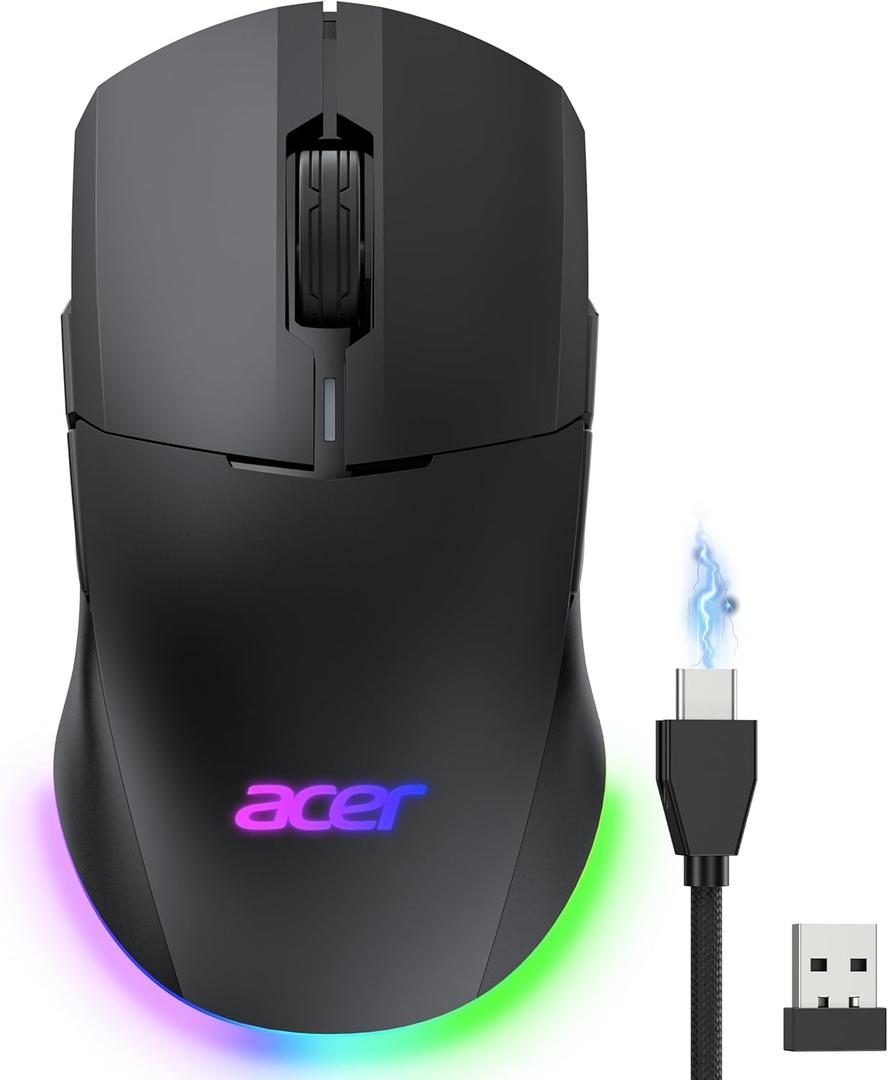 acer Wireless Gaming Mouse for Laptop, 24,000 DPI Wired Computer Mouse with 8 Programmable Buttons, Left & Right Hand, Rechargable Gaming Mice, Long Battery Life, RGB Lighting Gamer for PC, Desktop
