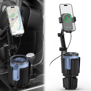 Wireless Car Charger Phone Mount Cup Holder, 3 in 1 15W Fast Charging Auto Clamping Cup Holder Expander for Car, Phone Holders for Your Car CupHolder Wireless Charger Compatible for All Smartphones