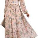 Women's Spring Wrap Maxi Dress Floral V Neck Long Sleeve Wedding Guest Party Casual Chiffon Dress, XL