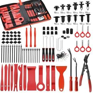 YYAYYA 330pcs Car Trim Removal Tool Set - Auto Upholstery Pry Kit with Clip Pliers, 120 Retainer Clips, Stereo Keys, Hooks. POM Plastic Dashboard Door Panel Fastener Remover (330Pcs-Red)
