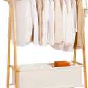 Bamboo Clothes Rack with Storage Box, Portable Extra Large Garment Rack Clothing, Foldable Wardrobe For Entryway and Bed Room (L)