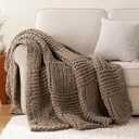 Bunnikins & Clover Beige Throw Blanket for Couch, Chunky Knit Beige Throw for Bed, Neutral Throw Blankets Tan Throw Blanket for Room Decor Housewarming Gifts, 50"x60"