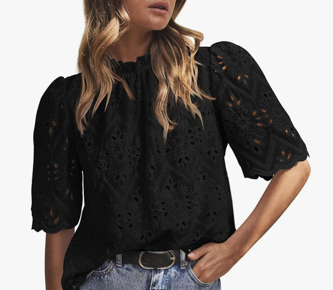 PRETTYGARDEN Summer Tops for Women 2025 Trendy Short Sleeve Eyelet Embroidered Dressy Casual Blouse Shirts, L