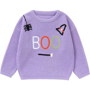Toddler Girl/Boy Halloween Sweater Boo Hand Embroidered Knitted Pullover Fall Winter Clothes 1-5T (Purple)