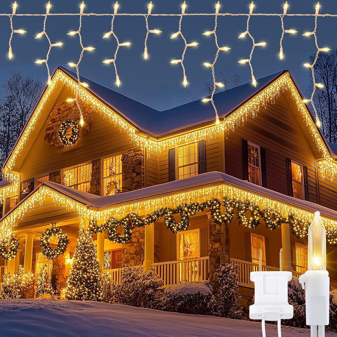 YOUNGAR Icicle Lights Outdoor, 23FT 200 Connectable Icicle Christmas Lights,Warm White Plug in Curtain String Lights for Indoor Wedding Party Holiday Xmas Yard Patio Window Decoration