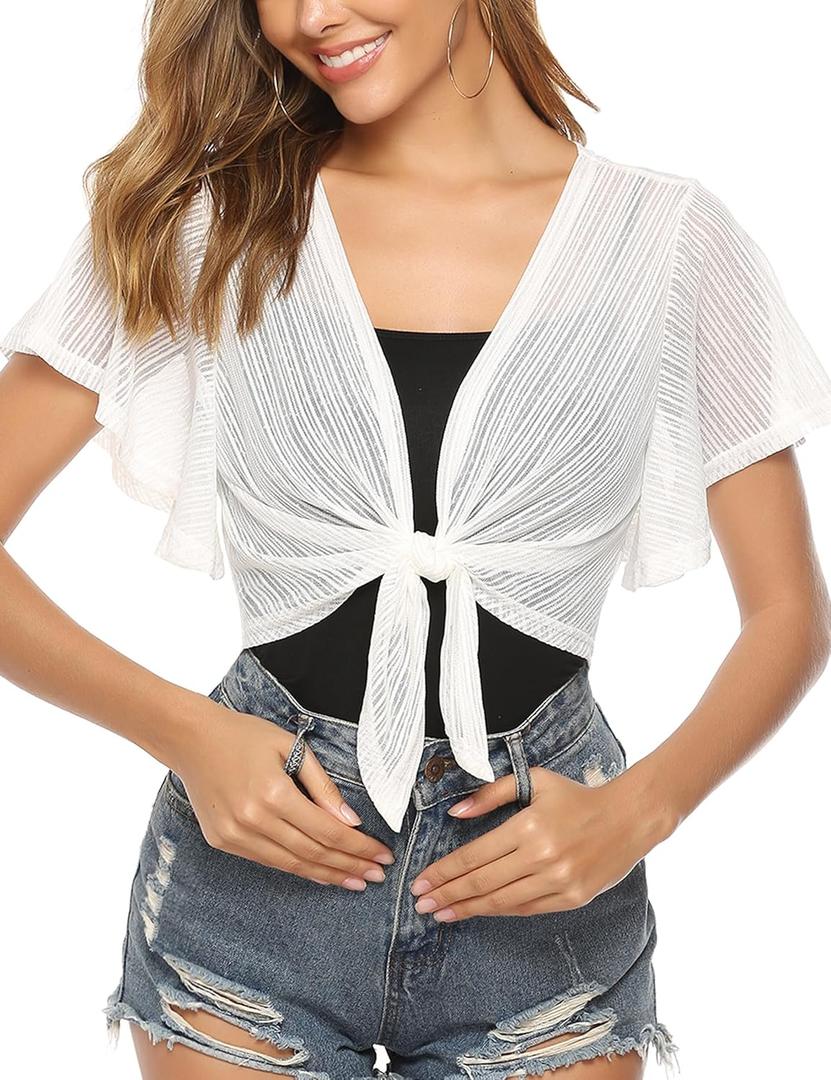 iClosam Women Tie Front Chiffon Shrug Short Sleeve Cropped Sheer Bolero Shrug Cardigan (Large, New Style #3-white)