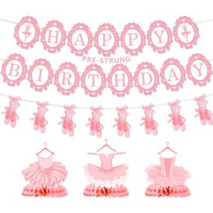 Ballerina Party Decorations Pre-Strung Birthday Banner Table Decor | Ready to use pre-strung banner, no assembly required, ballet themed birthday party supplies, honeycomb centerpieces decor