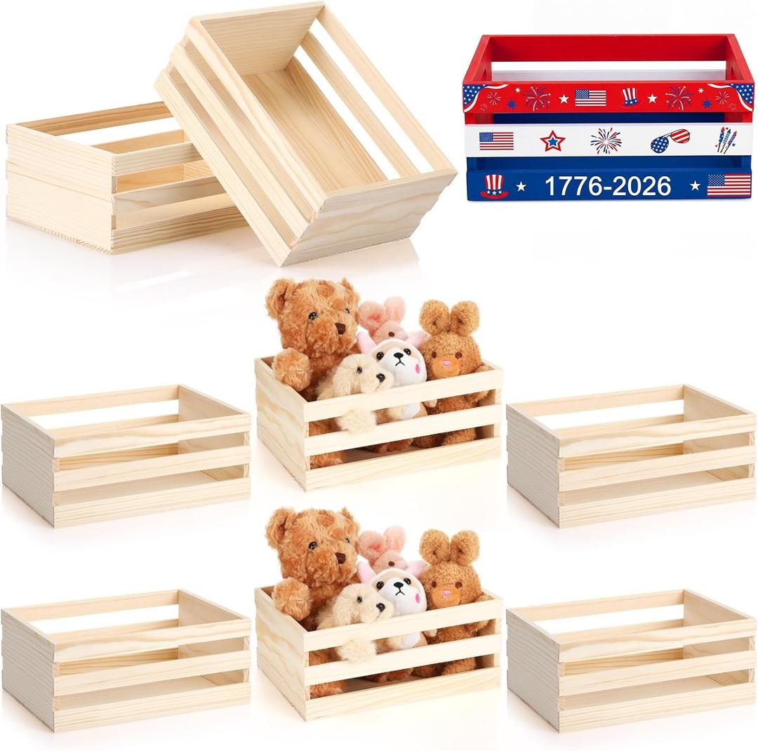 Cinnvoice 6 Pcs 9.5'' 250th Anniversary Small Wooden Crate for Storage 4th of July Unfinished Wood Crate Bulk Rustic Decorative Display Box Natural Bin Closet Organized for Kitchen Office Home