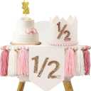 1/2 Birthday girl, Pink High Chair Banner with Handmade Hat and Candle, Half Way to One Baby, Half Birthday Docoration
