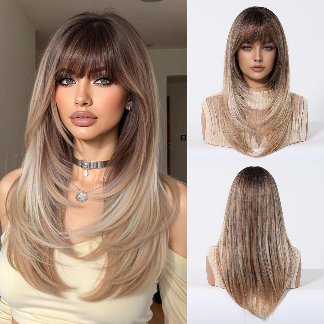 Blonde Wigs with Bangs Long Wavy Wig for Women Ombre Wig with Brown Root Synthetic Fiber Wig for Daily Festival Holiday Use