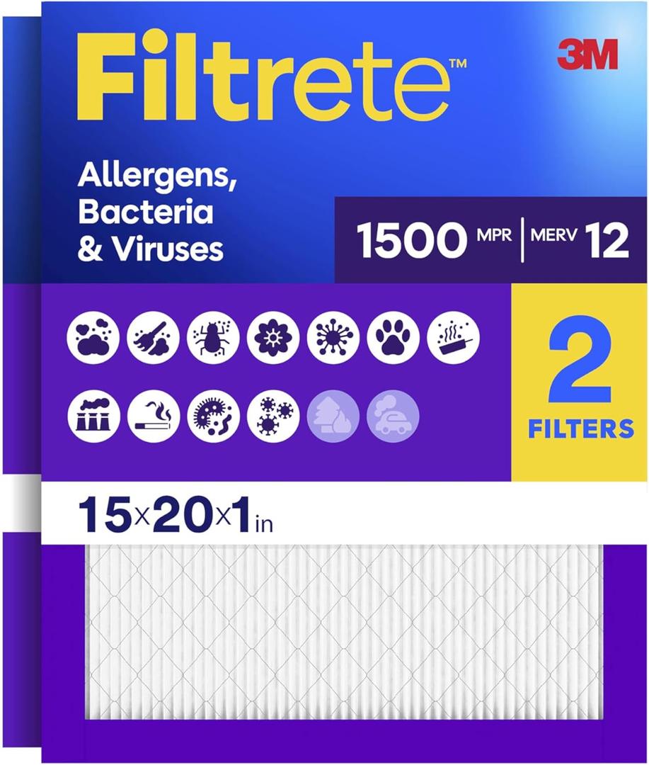 Filtrete 15x20x1 Air Filter, MERV 12, MPR 1500, Allergens, Bacteria & Viruses, 3-Month AC and Furnace Filters, Cleaner Air, Reliable Airflow, 2 HVAC Filters (Actual Size 14.81 x 19.81 x 0.78 in)