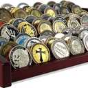 ASmileIndeep 12 Rows Military Challenge Coin Holder Display Case Holds 90-100 Coins, Solid Wood Army Coin Rack Display Stand for Desktop, Mahogany